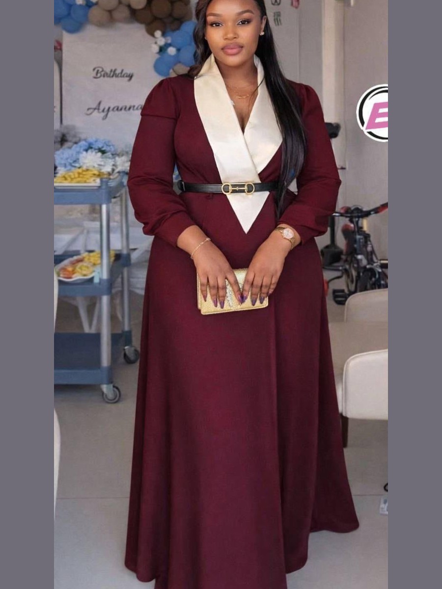 Burgundy coat dress with an ivory shawl collar