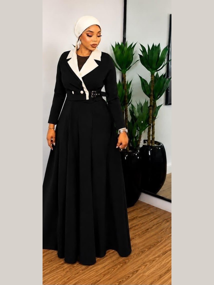 Black coat dress with an ivory shawl collar