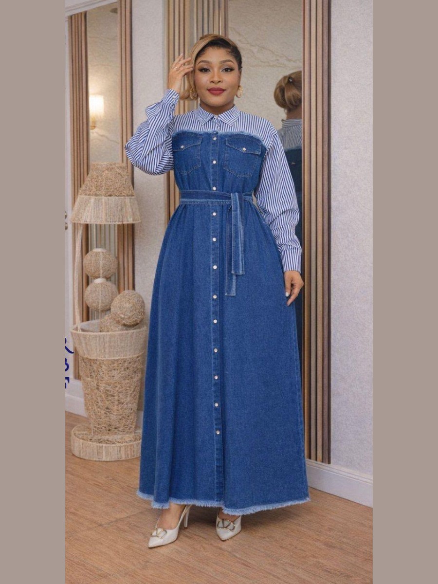 Denim shirt dress with a striped yoke