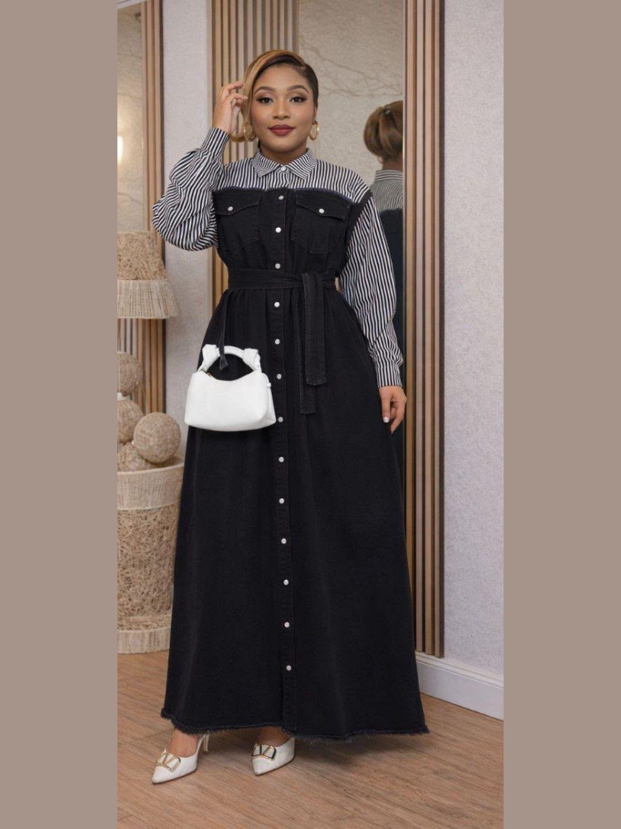 Robe chemise en denim noir à empiècement rayé clair