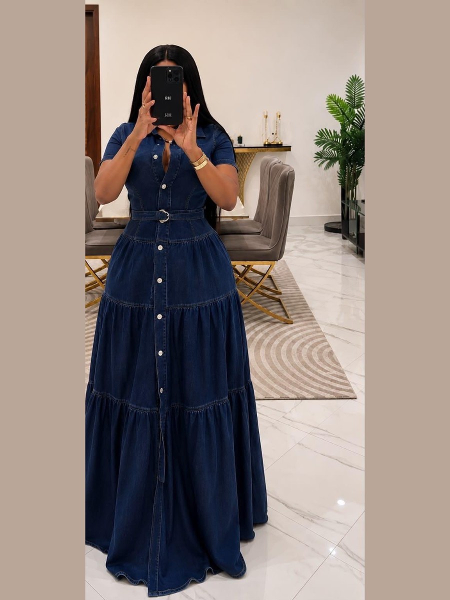 Robe longue en denim bleu nuit à volants étagés