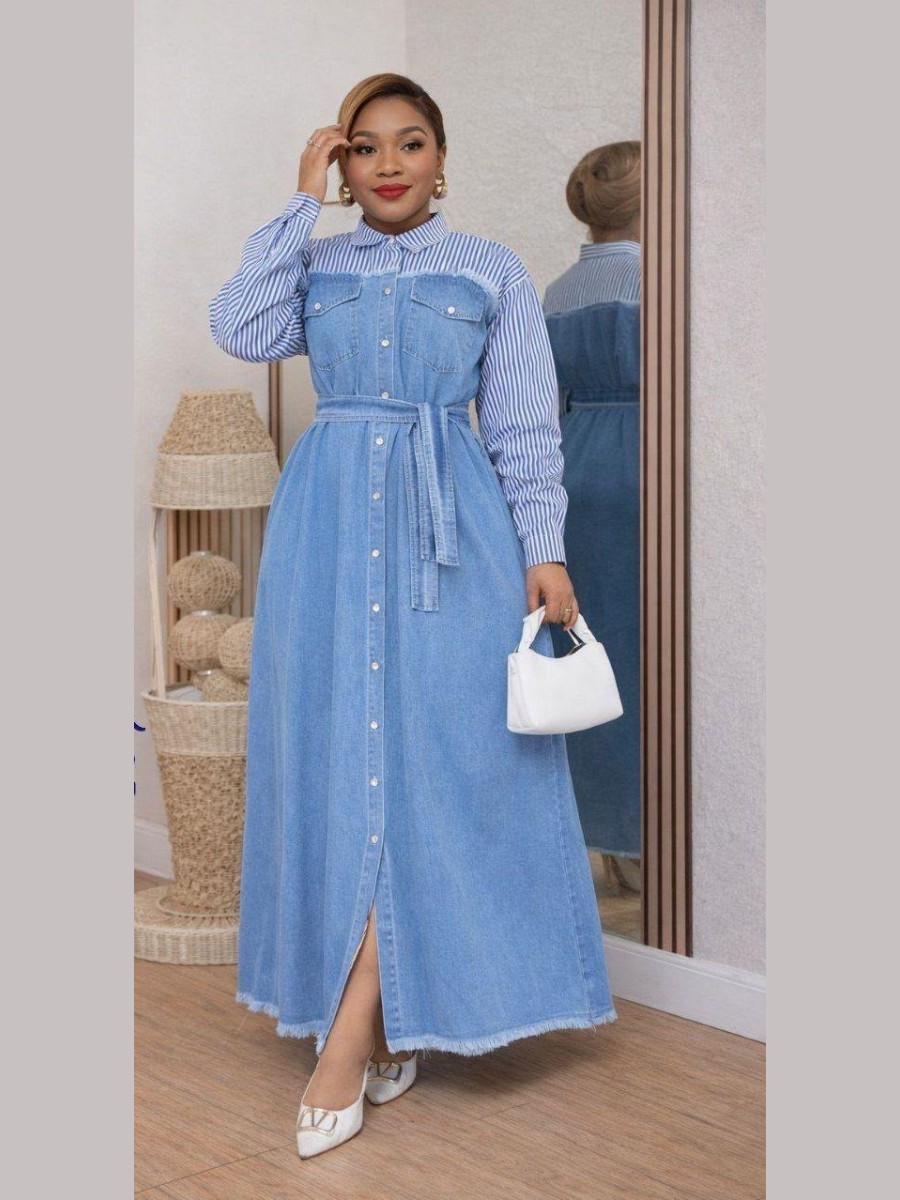 Light denim shirt dress with a striped yoke