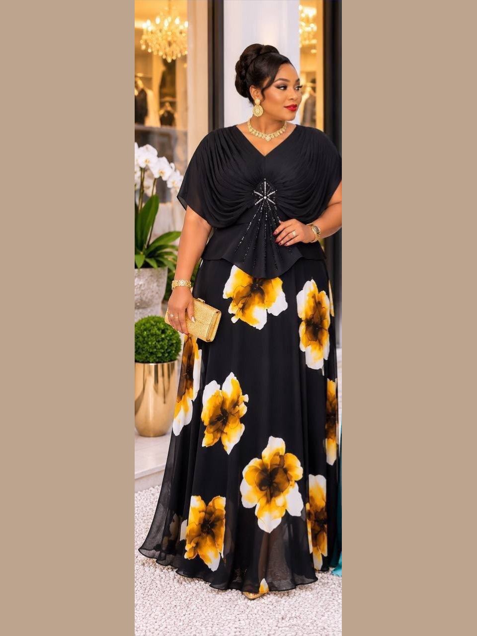 Robe Fleurs Manches Chauve-Souris Noire — noir & or