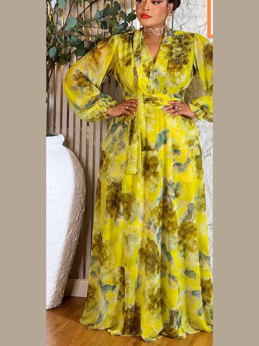 Robe longue en mousseline à fleurs citron