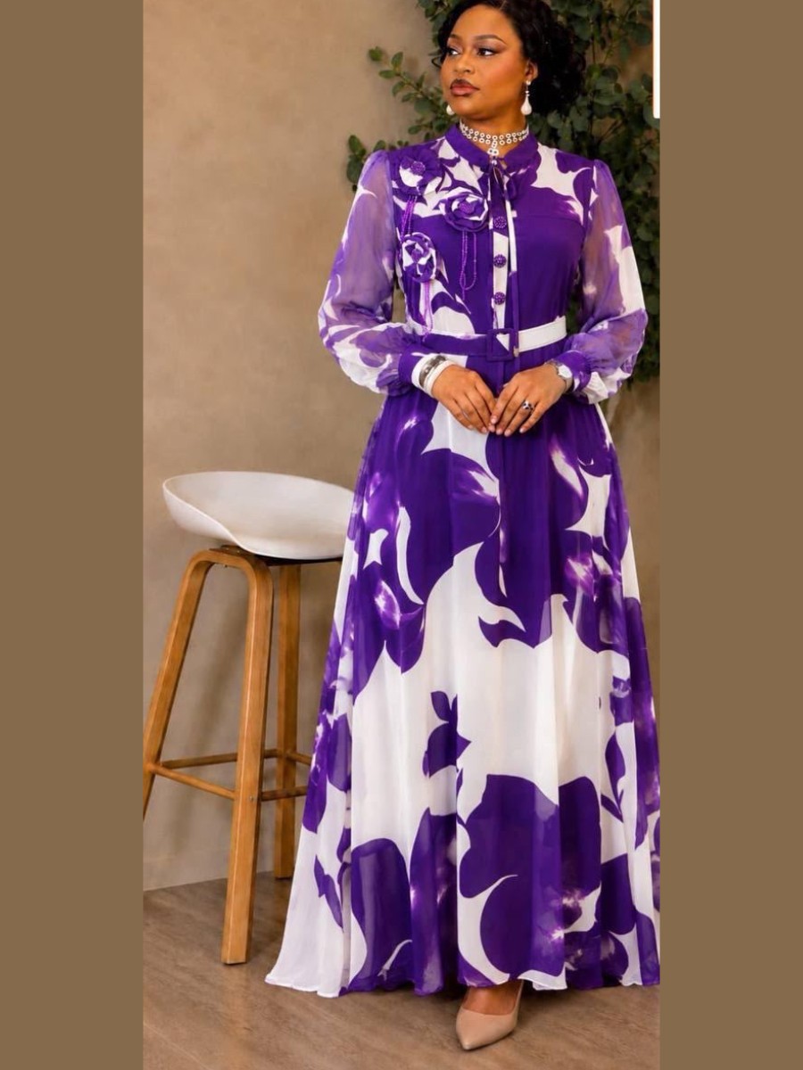 Chiffon maxi in violet florals on white