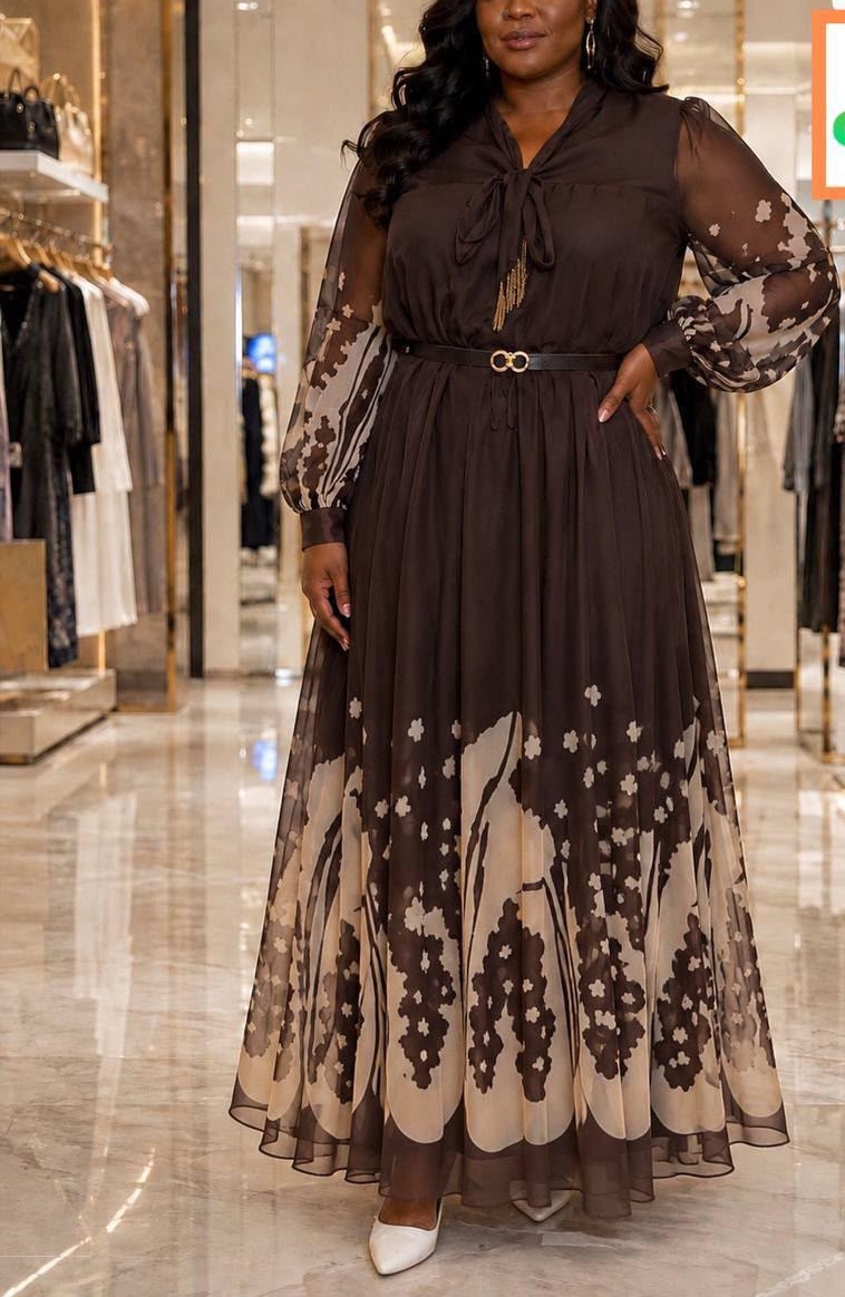 Cocoa chiffon maxi with an embroidered hem
