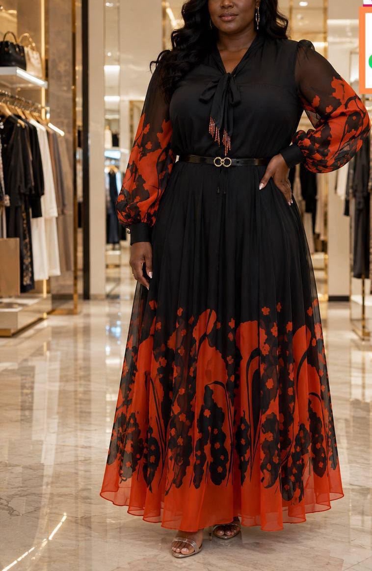 Black chiffon maxi with a flame motif