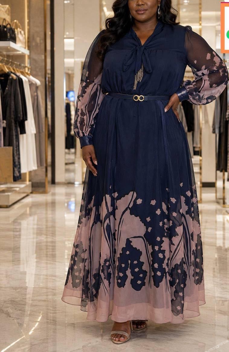Navy chiffon maxi with an embroidered hem
