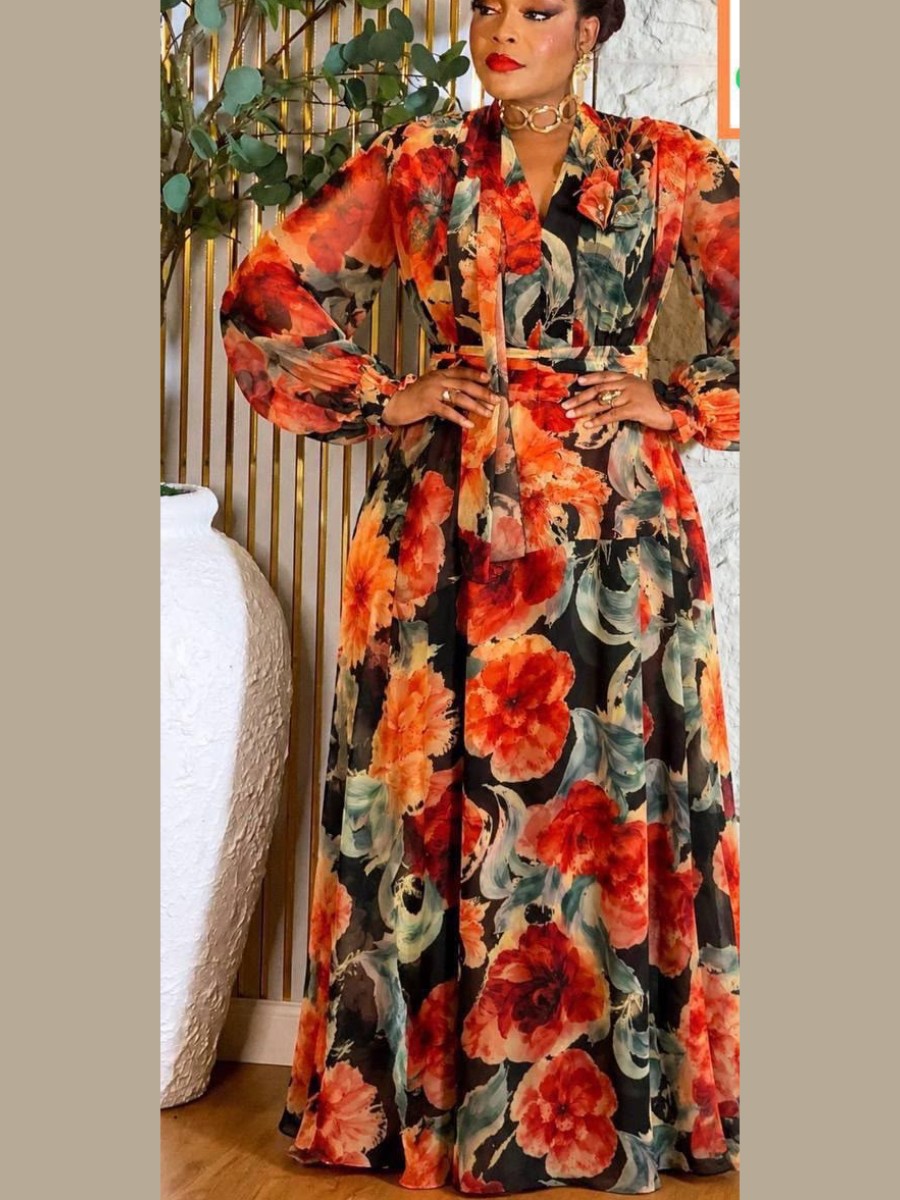 Chiffon maxi in large flame roses