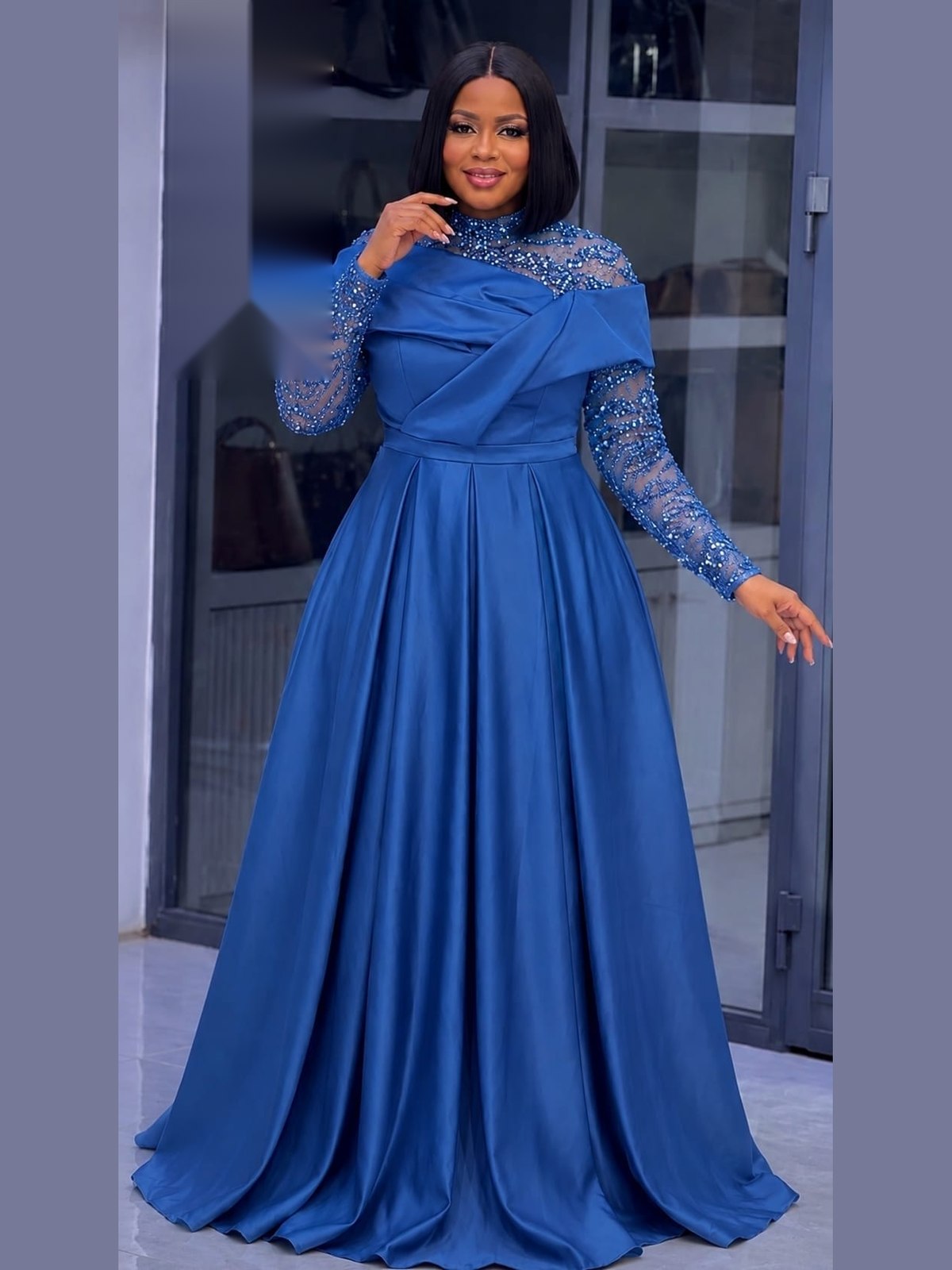 Robe Satin Drapé Bleu — bleu roi